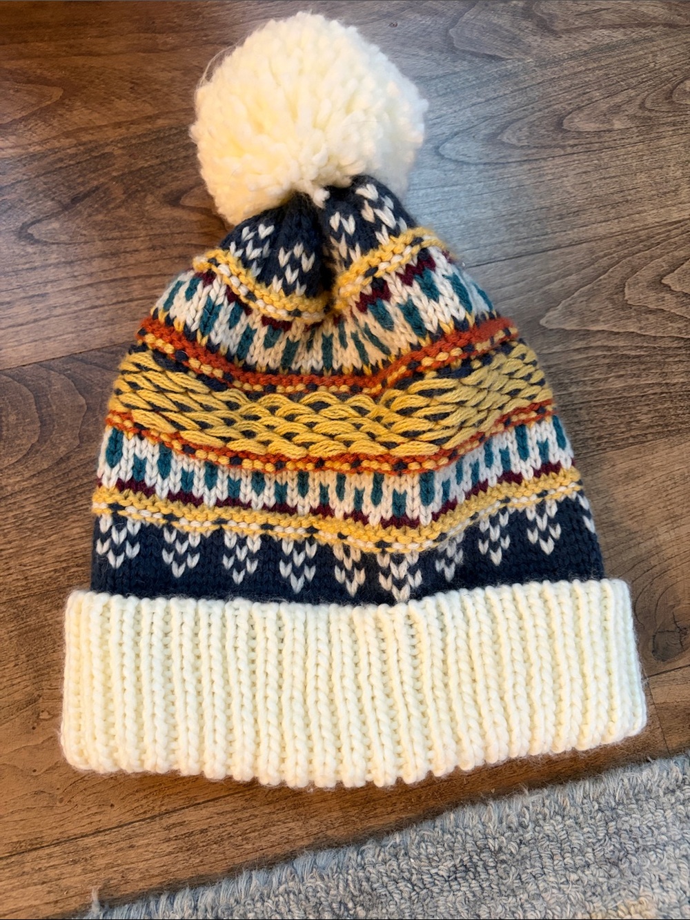 Burton Cream Pom Beanie with Navy, Yellow & Teal Fair Isle